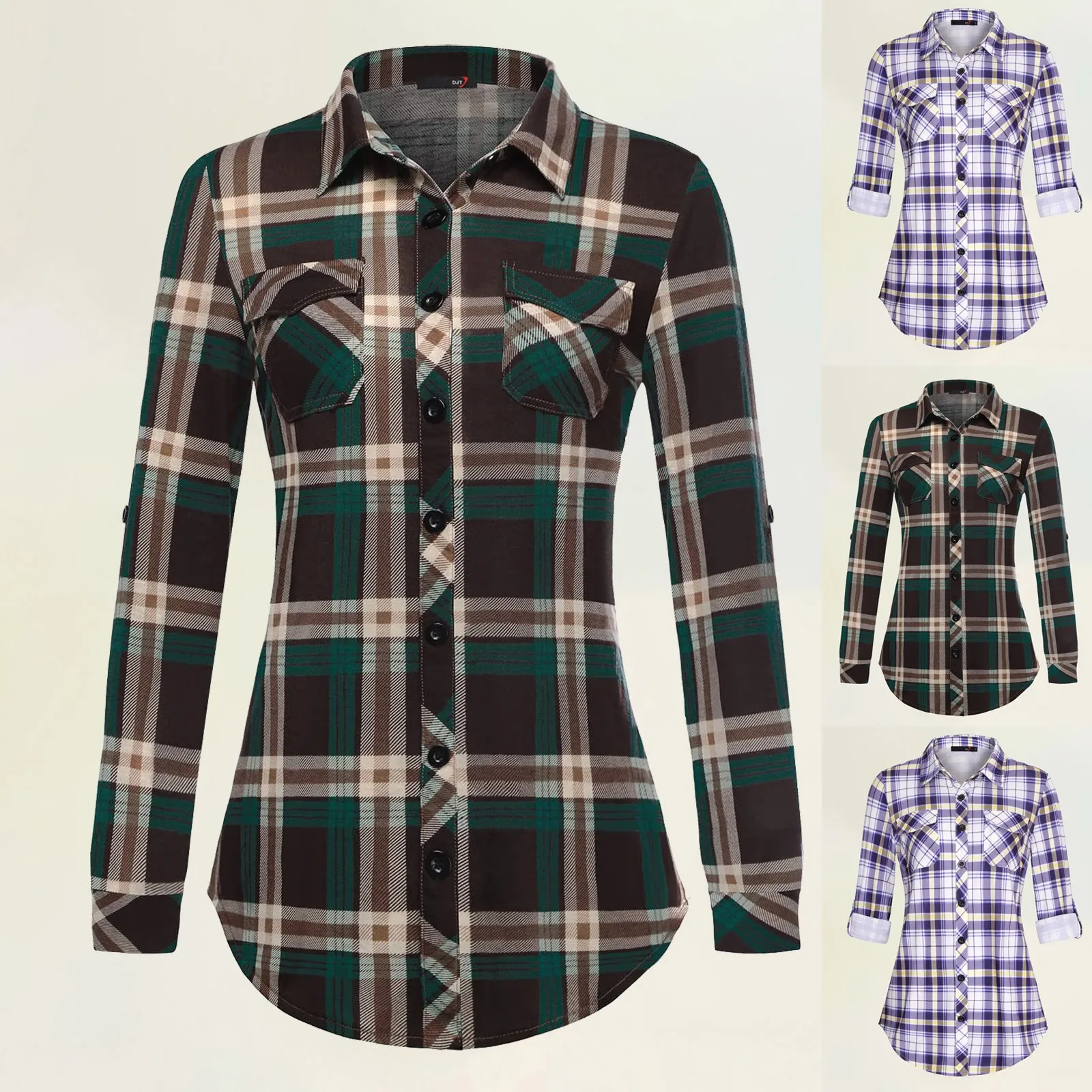 Autumn Winter Women Plaid Shirts Soft Stretchy Knit Roll Up Long Sleeve Collared Button Down Blouses Tops Fashion Streetwear