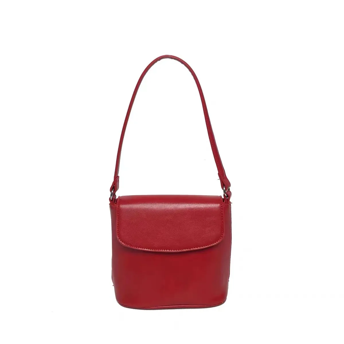 

Korean Ins Pu Leather Crossbody Bag For Women Retro Red Shoulder Messenger Bag Simple Solid Color Purse Ladies Bucket Handbag
