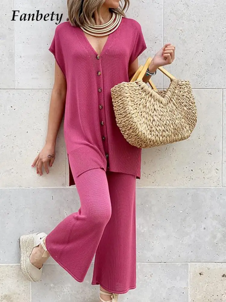 

New Summer Knitted Suits Casual Solid V-Neck Short Sleeve Buttoned Tops + Straight Ankle-Length Pants Women Elegant 2 Piece Set