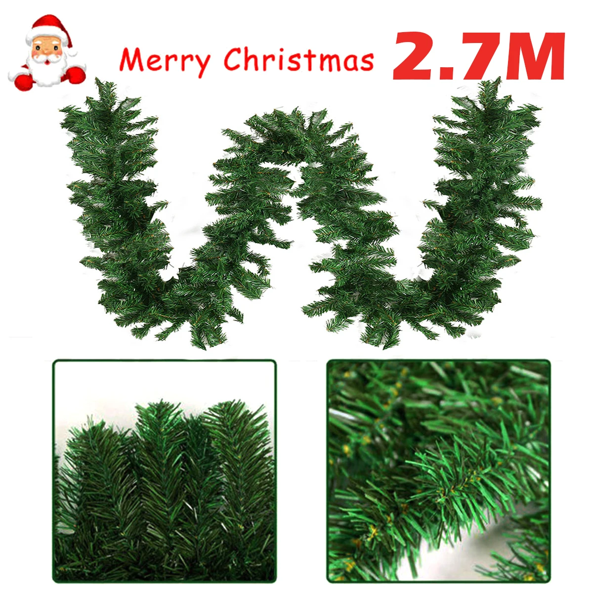 

2.7m 9ft Green Pine Christmas Garland Handmade Christmas Wreath Door Stairs Decor Xmas Fireplace for Home Outdoor Decoration