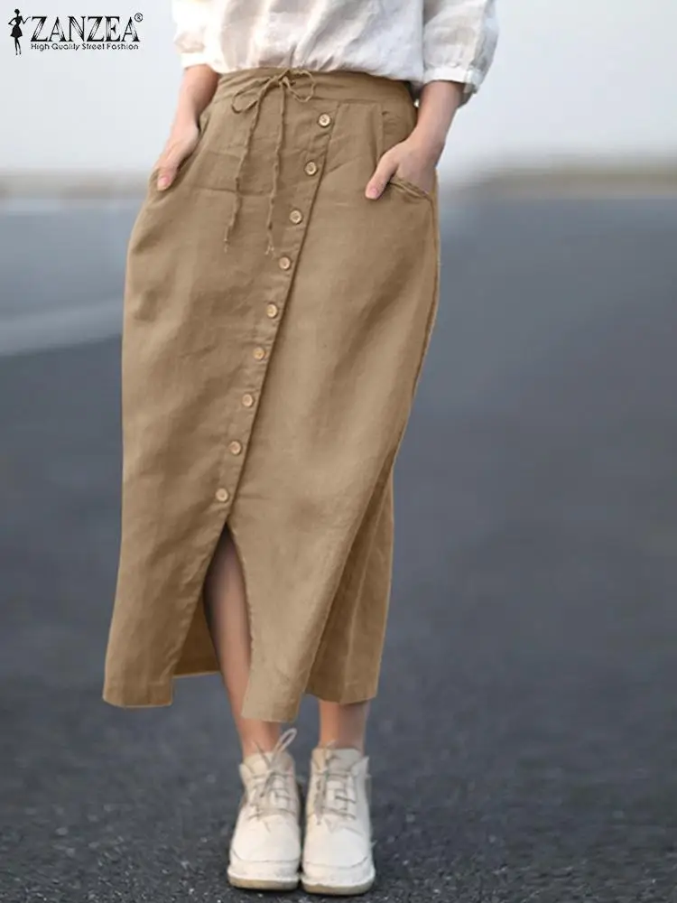 

Осенние женские юбки-макси ZANZEA с эластичной талией, офисные платья, Повседневная однотонная длинная юбка, женский элегантный свободный праздничный Сарафан