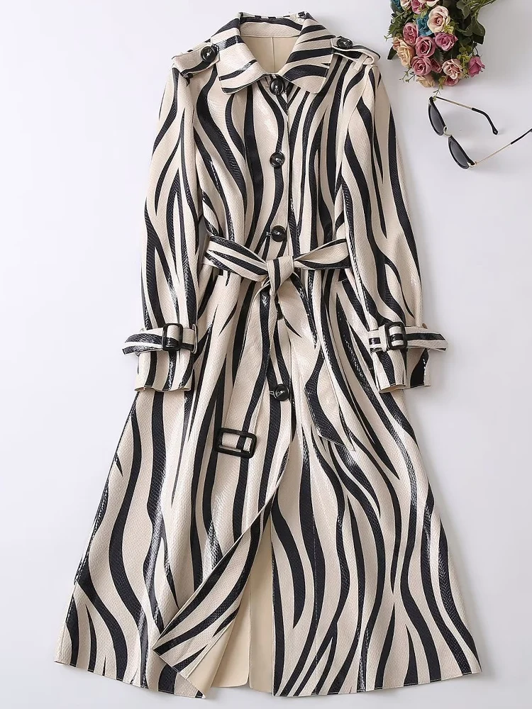 

Jacket Designer Autumn New Women's High Quality Elegant Vintage Pu Leather Zebra Print Long Sleeve Buttons Casual Party Coat