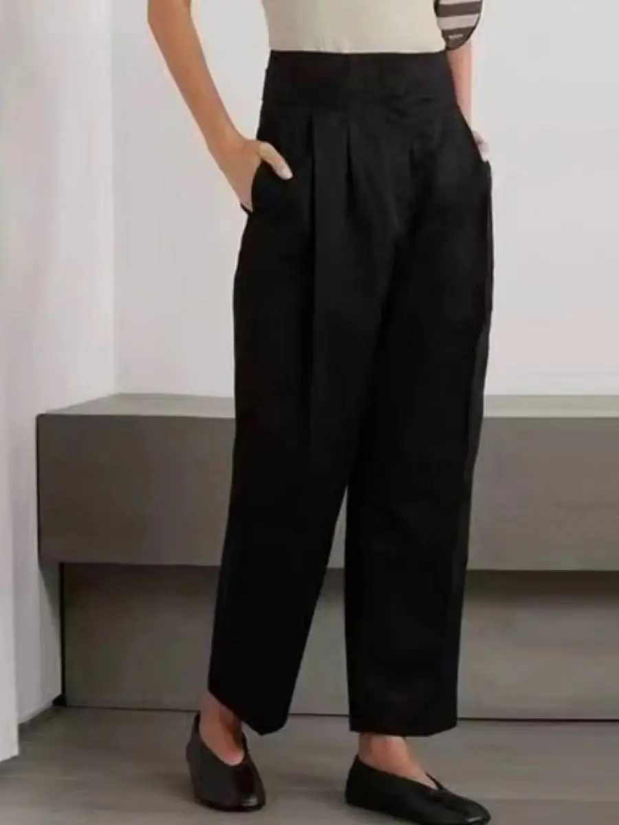 

Women Trousers Pleated High Waist Solid Color Office Lady Long Pants