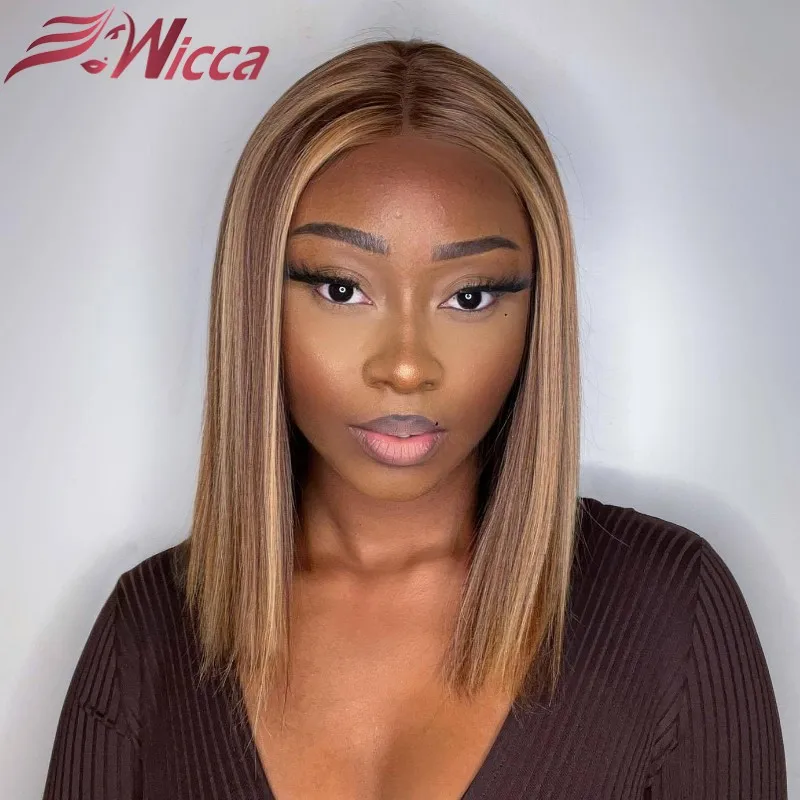 Highlight Bob Wig Human Hair Brazilian Ombre Lace Frontal 13*1 Front #4/27 Short Straight For Women | Шиньоны и парики