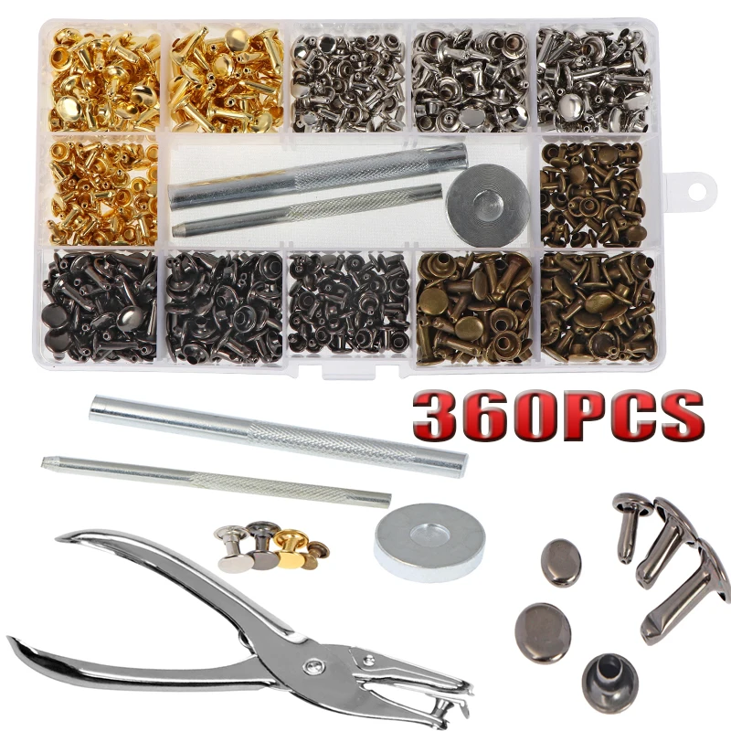 

360PCS Copper Leather Double Cap Rivets Tubular Metal Studs Fixing Tool Kits Craft Garment Rivets Studs For Cloth With Box