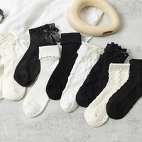 lolita lace socks women flower bowknot cotton socks female jk white black long socks ankle dress calcetine medias