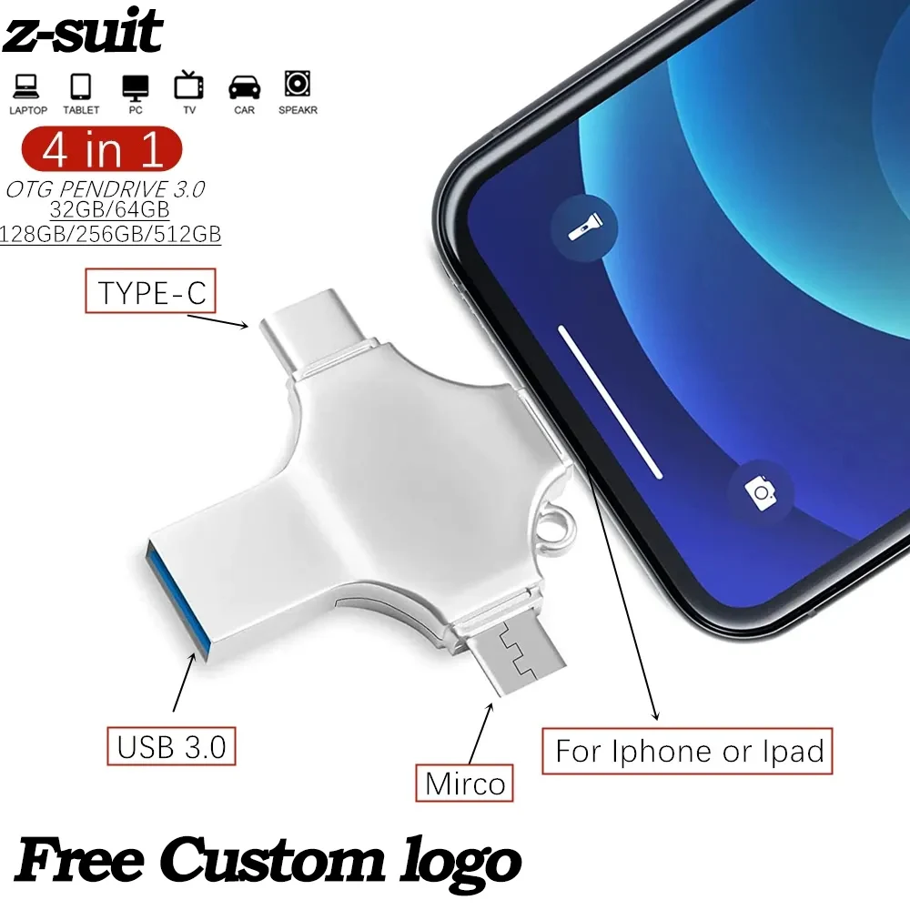 

New 4IN1 USB 3.0 Flash Drives 128GB TYPE-C Pen Drive 256GB Free Custom Logo Memory Stick 64GB Micro USB OTG Flash Pendrives 4in1