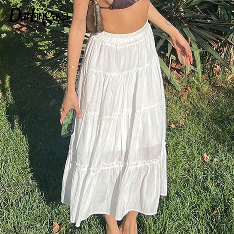 

Darlingaga Stitching Casual Frill White Loose Maxi Skirt Korean Clothes Chic Beach Vacation Female Skirts Outfits Y2K Solid New