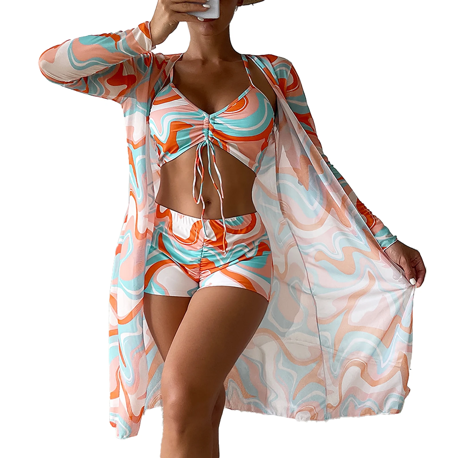 

Женский комплект из 3 предметов для отпуска, Пляжная накидка с длинным рукавом, Короткие топы и шорты