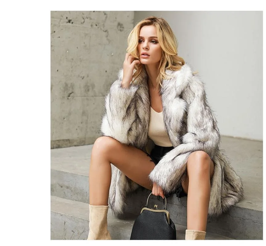 Women's Autumn Winter 2022 New Hot Street Personality Gradient White Black Medium Length Faux Fur Suit Jacket