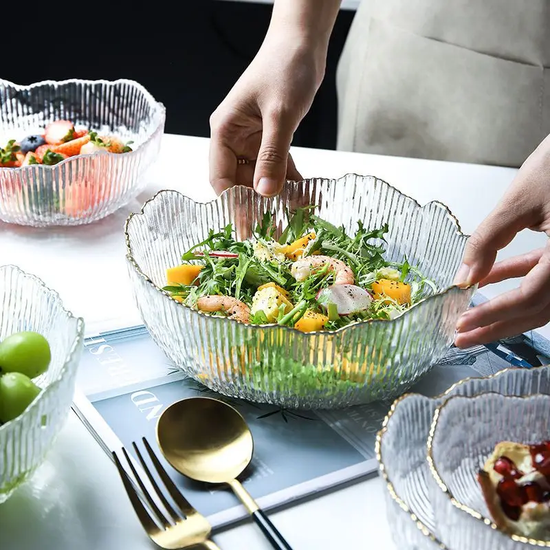

Nordic Fruit Plate Bowl TablNordic Golden Border Salad Bowl Transparent Glass Fruit Plate Dessert Round Square Bowl Tableware