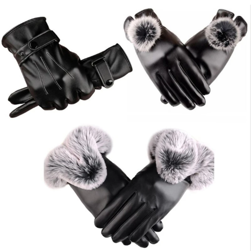 

1Pair Women Winter Warm Gloves Women Lady Black Leather Gloves Autumn Winter Warm Rabbit Fur Mittens Warmth Warmer Mittens