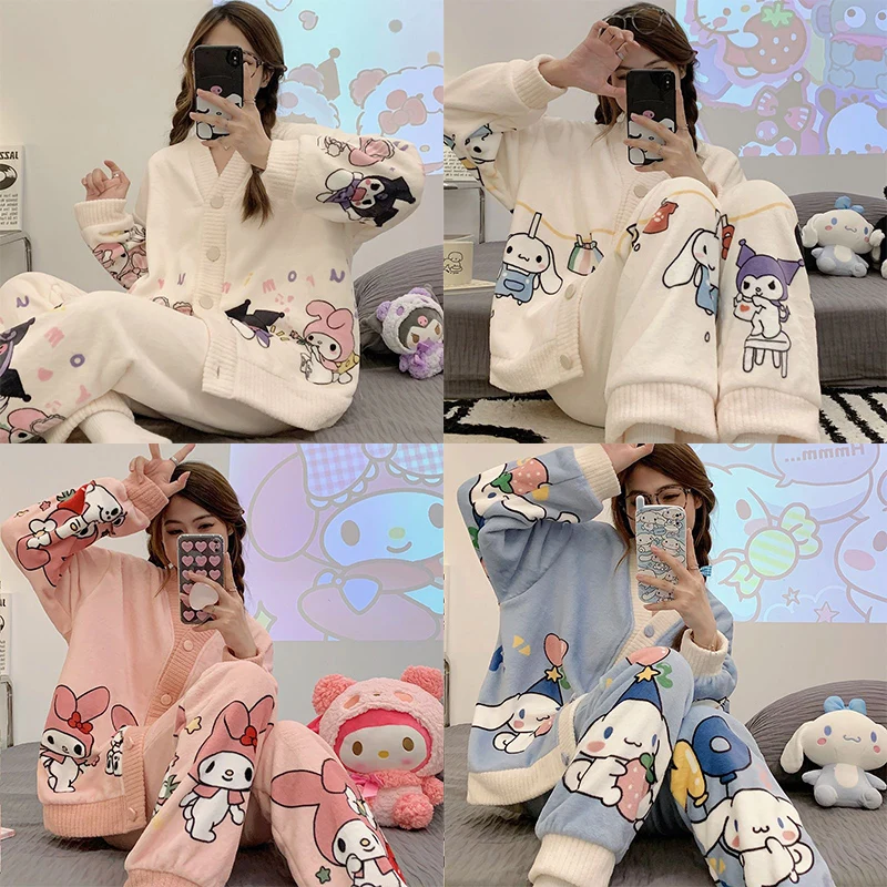 

Kawaii Sanrio, Hello Kitty Kuromi My Melody Cinnamonrioll пижамный комплект одежды, милый мягкий набивной для девушек