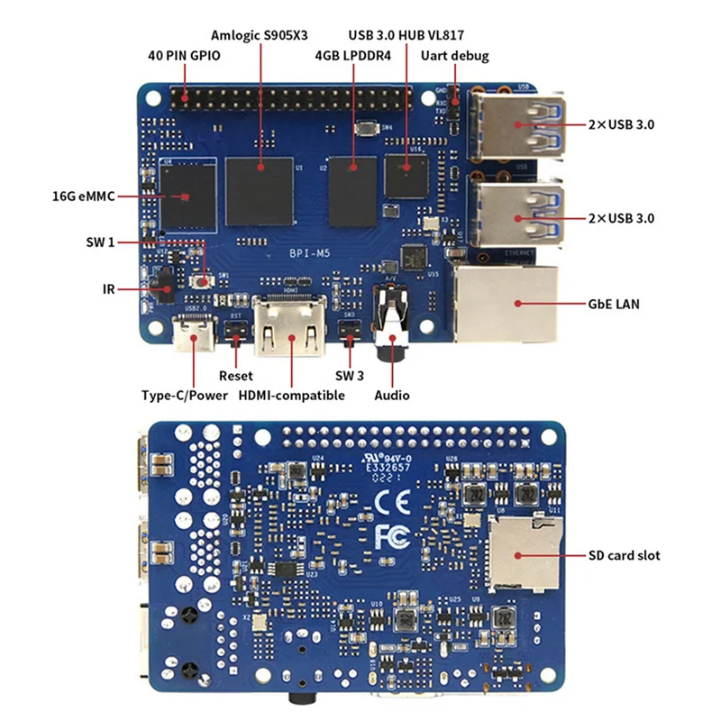 

For Banana Pi BPI M5 Amlogic S905X3 Quad Core 4GB LPDDR4+16GB EMMC Development Board with Case+Cooling Fan+4X Heat Sink