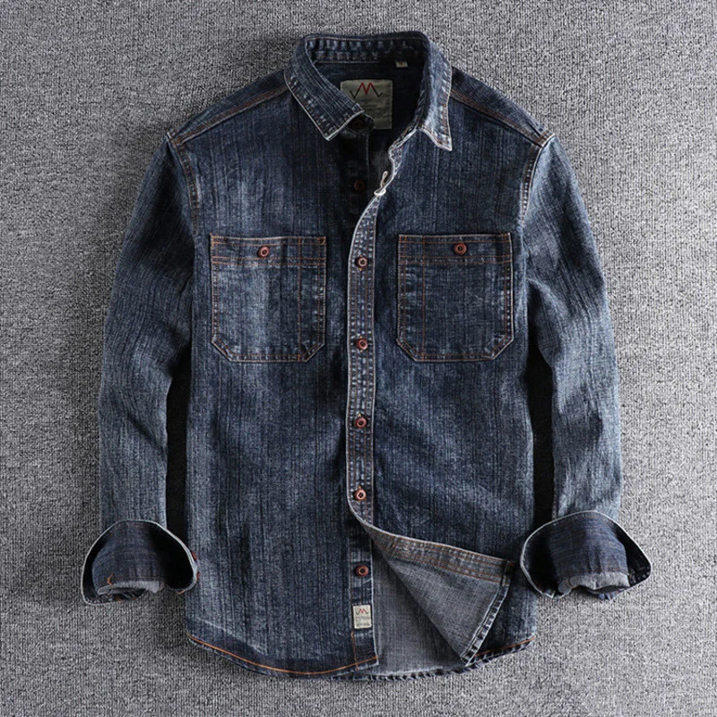 

Snowflake Cargo Retro Washed Male Distressed Denim Shirt Chunky Rough Cotton Uniform Light Casual Work Safari Mens Shirts Top