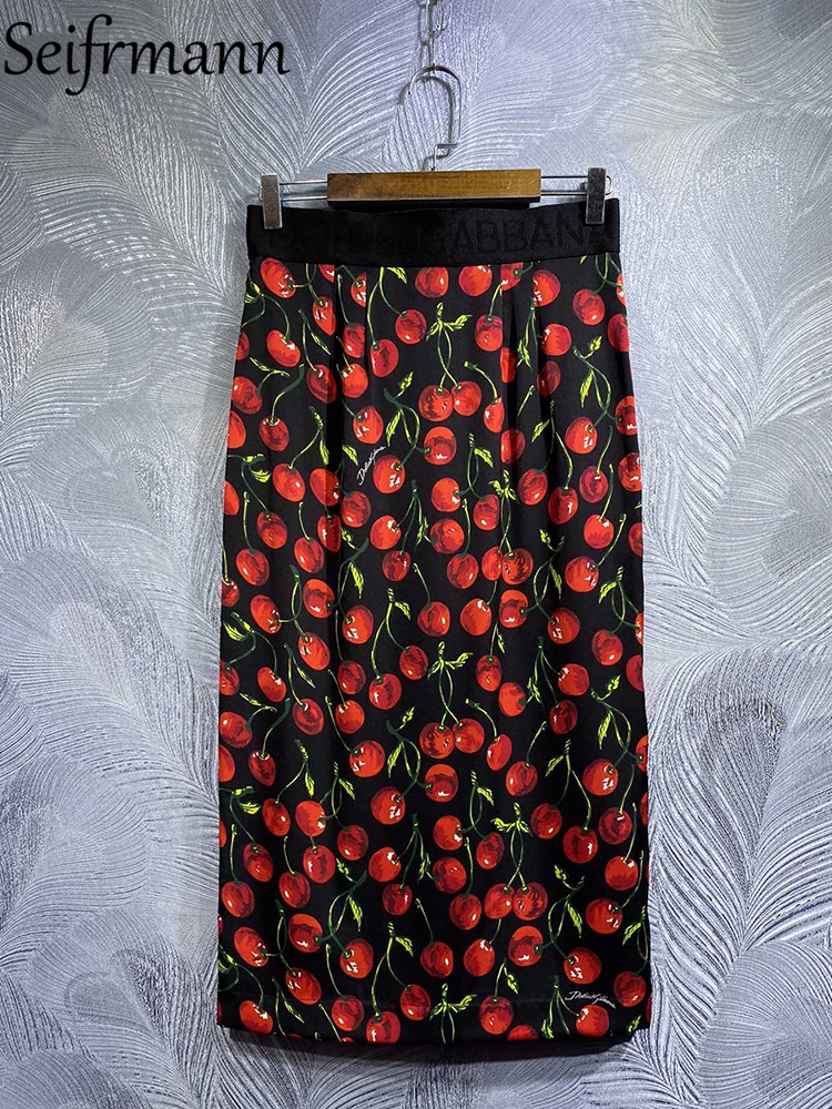 

Seifrmann High Quality Summer Women Runway Real Silk Skirts High Waist Cherry Printed Elegant Slim Ladies Pencil Midi Skirts