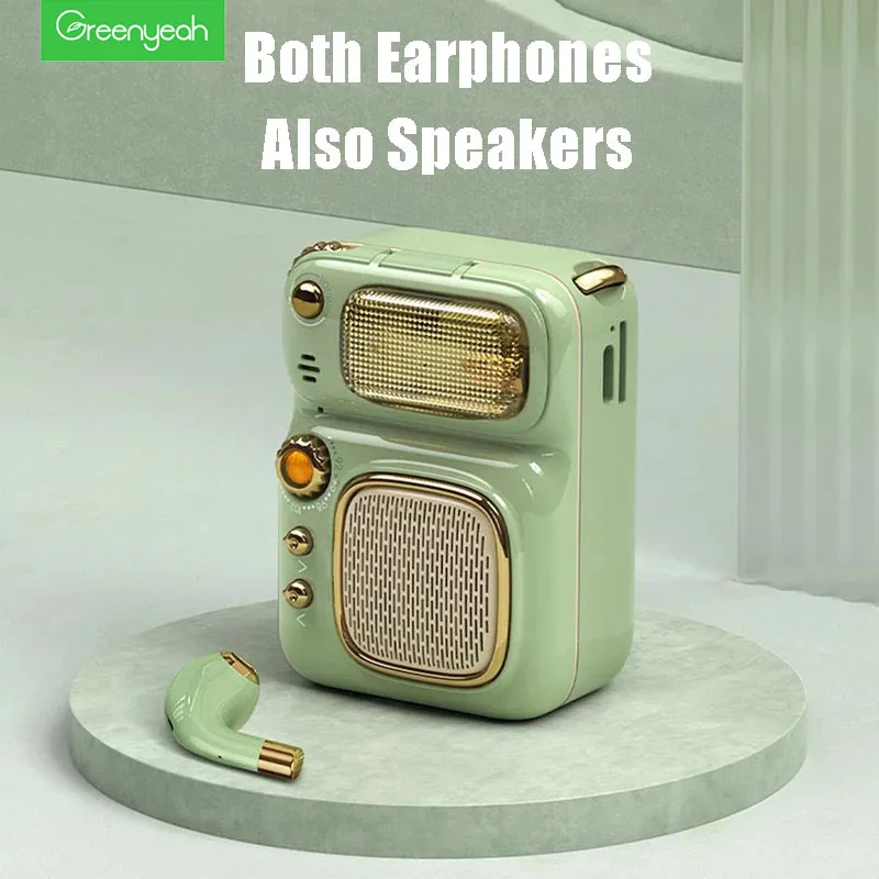 TWS Wireless Earbuds Portable Audio Bluetooth Earphones Retro MP3 Player Compatible TF Card FM Mini Bluetooth Speakers GreenYeah