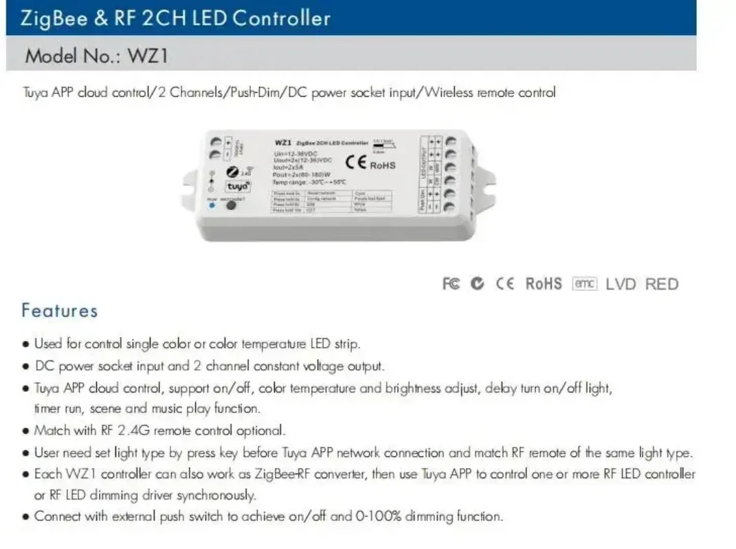 Фото ZigBee3.0 и RF 2-канальный светодиодный контроллер WZ1 DC12-36V Tuya APP Cloud Беспроводной пульт дистанционного управления 2 канала для одноцветной светодиодной ленты CCT №4