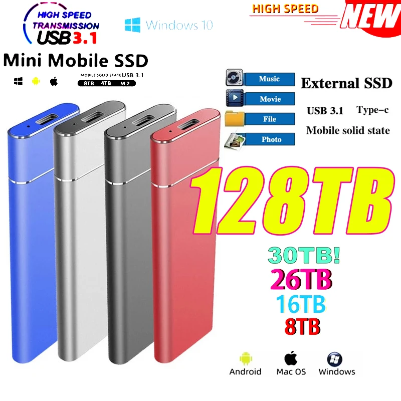 

2023 Portable SSD USB3.1 2TB 6TB 16TB External Mobile Solid State Drive 8TB High Speed 128TB Hard Drive For Laptop Mass Storage