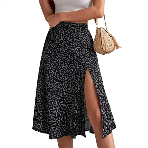 Женская летняя юбка А-силуэта с разрезом и цветочным принтом, свободное платье с высокой талией, дышащая элегантная женская юбка миди, женская одежда