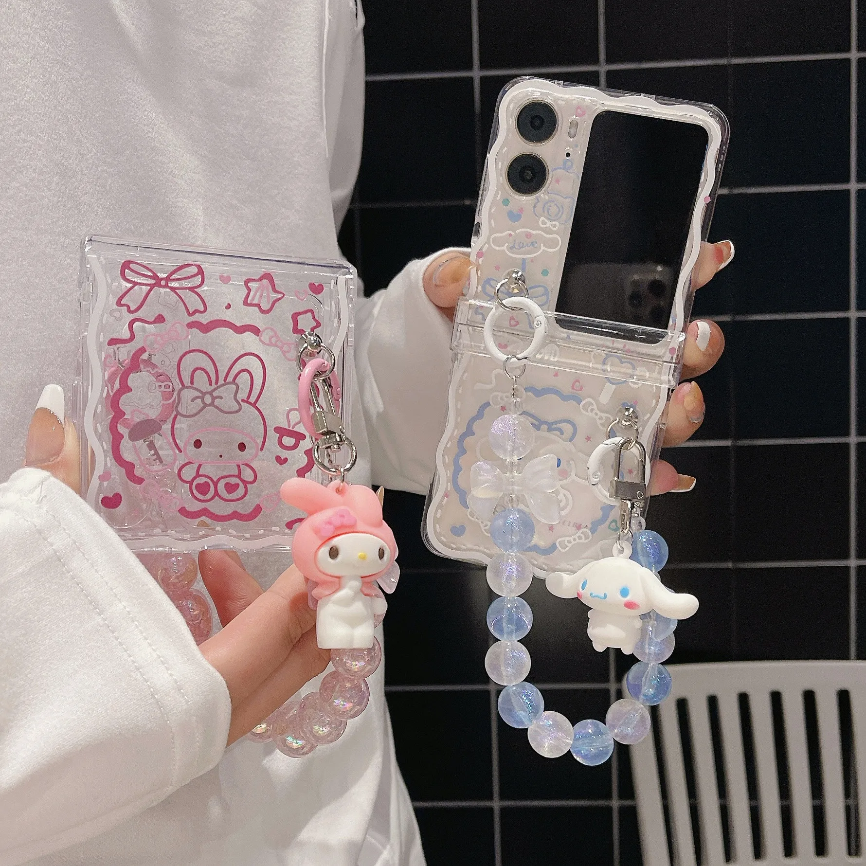 Cute Sanrio My Melody Kuromi Cinnamoroll  Hand Chain With Doll Pendant Phone Case  For OPPO Find N2 Flip Wavy Transparent Cover