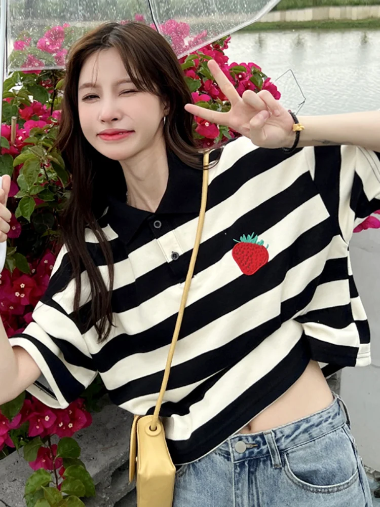 

2023 Summer Striped Turn Down Collar Strawberry T-shirts Kawaii Casual Cropped Top Women Short Sleeve Fashion Y2k Aesthetic Tees