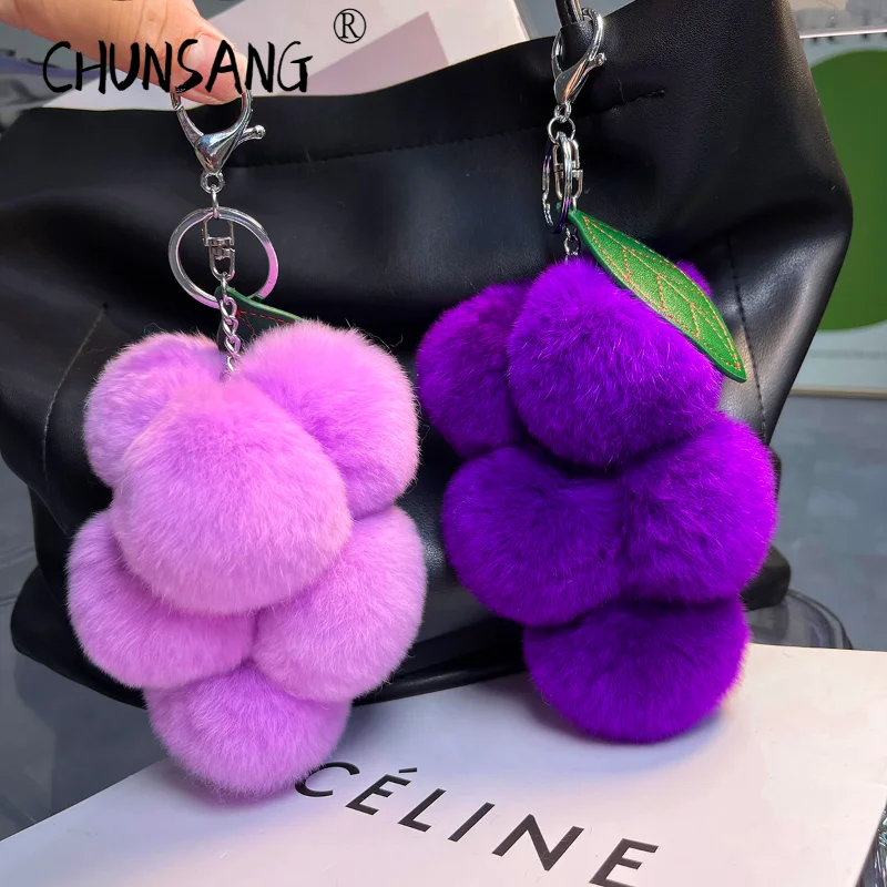

Grape Color New In Rabbit Real Fur Handmade Cute Key Chain Bag Accessory Car Keychain Keyrings Gifts for Women Girl Accessories