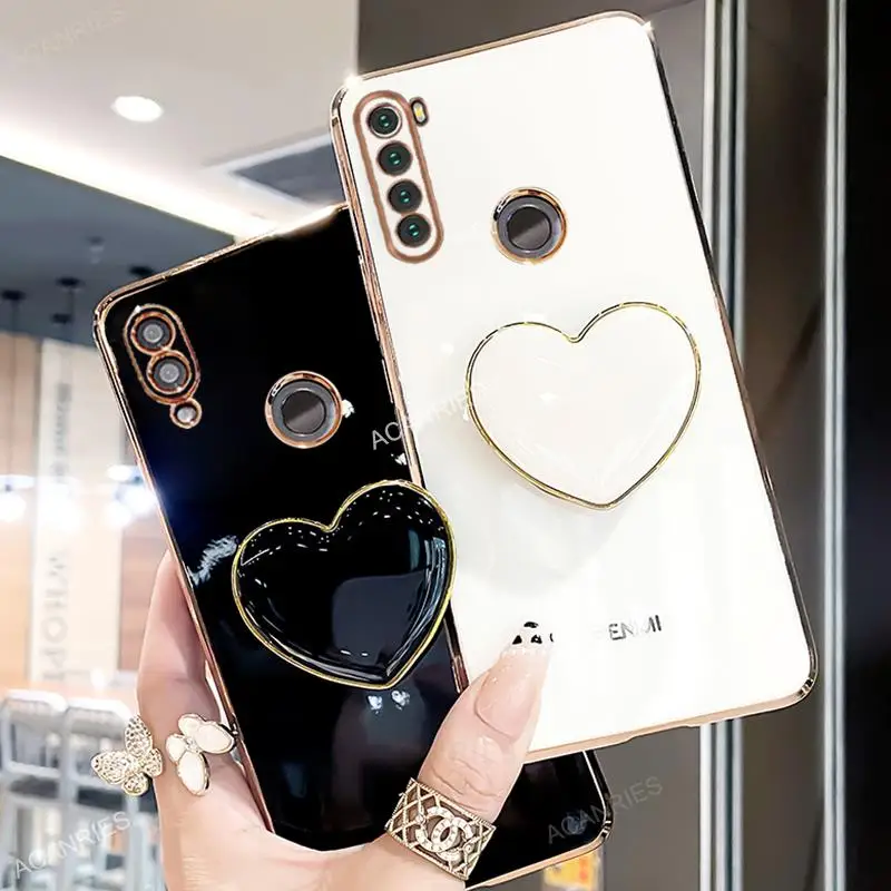 Girl Phone Case On For Xiaomi Redmi Note 8 T 8t 7 Note8 2021 Note8t Plating Love Heart Fold Holder Luxury Stand Silicone Cover