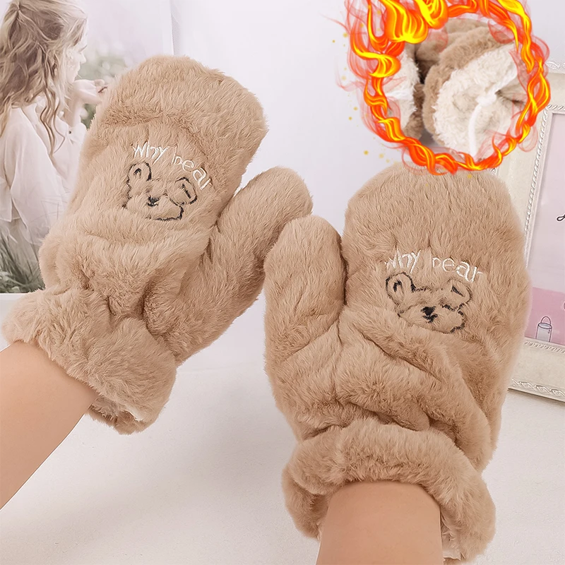 

Super-thick Bear Plush Gloves Cute Embroidery Bear Fluffy Claw Fingerless Gloves Winter Warm Soft Glove Full Finger Mitten Women