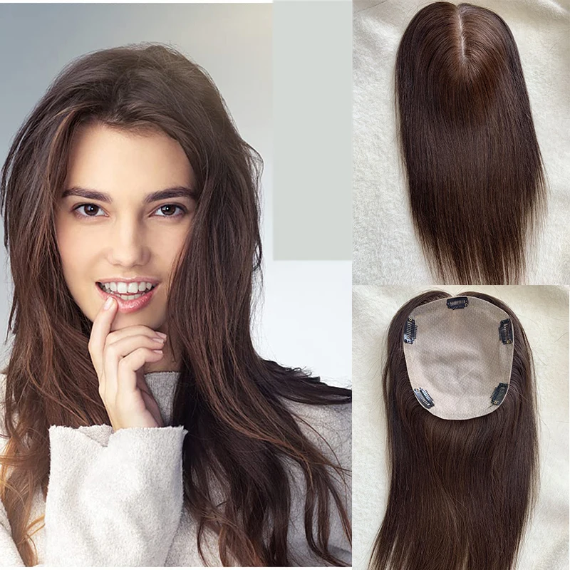 

Темный коричневый цвет шелковая основа натуральные человеческие волосы Топпер для женщин с зажимами в волосах парик прямой тонкий шиньон топ из натурального шелка