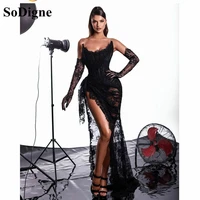 sodigne black lace mermaid prom dresses sweetheart floor length illusion side split evening party gown robe de soiree