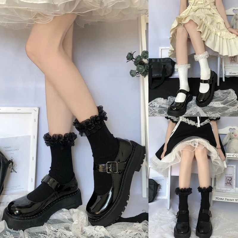

Women Lolita Cotton Ribbed Crew Socks Sweet Layered Ruffle Lace Trim Hosiery