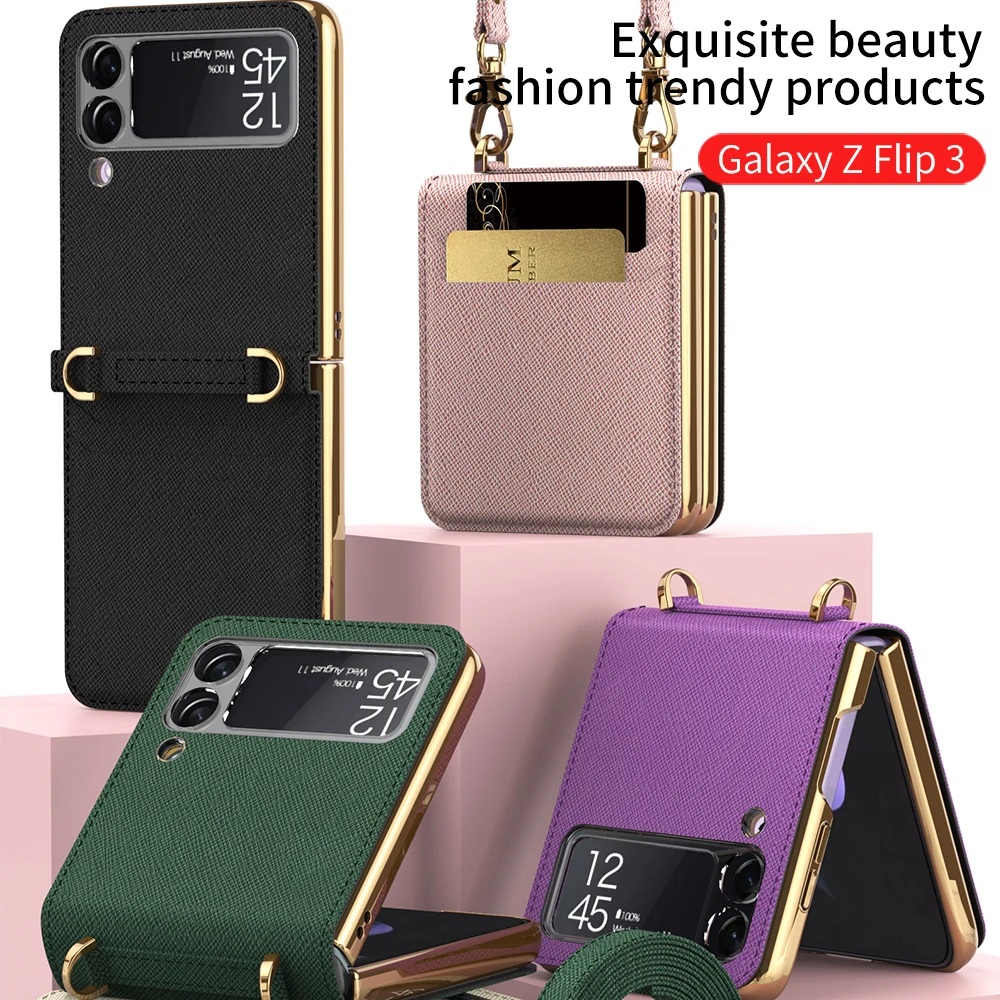 

Luxury Leather Card Holder Cover For Samsung Galaxy Z Flip 3 5G Case Fashion Shoulder Crossbody Camera Protection Coque Fundas