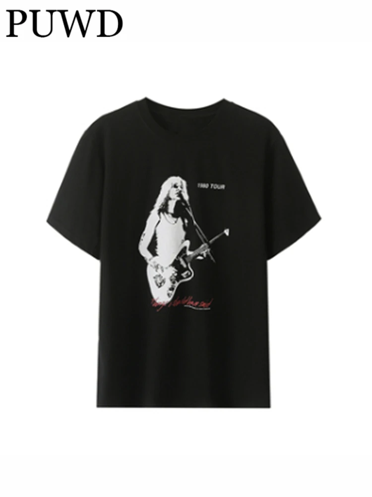 2022 PUWD Хлопковая женская, черная, с принтом в стиле ретро, свободная, летняя, с короткими рукавами