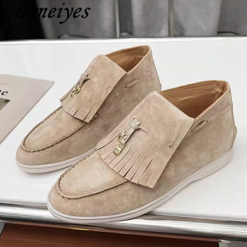 

High Top Loafers Women Casual Flat Shoes Female Quality Kid Suede Metal Lock Fringe Footwear Outdoor Walking Shoes Woman