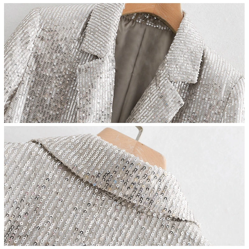 Women Pattern Sequined Blazer Feminino Glitter Casual Fashion Geometric Shiny Pockets Outerwear Vintage Female Long Sleeve Coats