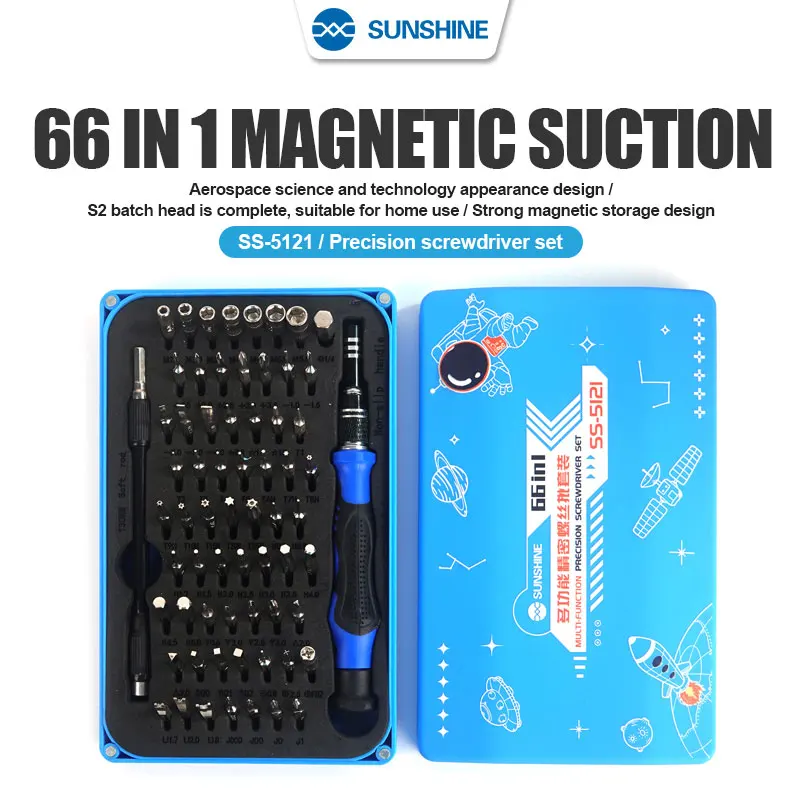 

SUNSHINE SS-5121 66 in 1 Multifunctional Precision Screwdriver Set 15 Types and 64 Precision Bits For Mobile Phone Repair