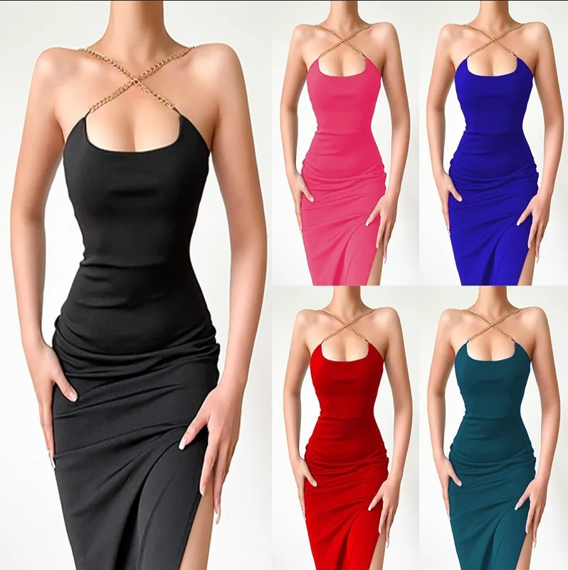 

Женское длинное платье на бретелях, однотонное Привлекательное платье с разрезом и открытой спиной, весна-лето 2023