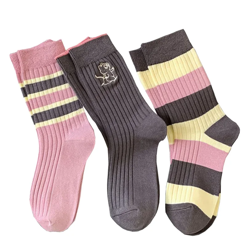 

3 Pair Vintage Winter Long Socks Women Fashion Striped Cotton Socks Set Animal Embroidery Cute Girl Style Middle Tube Chausette