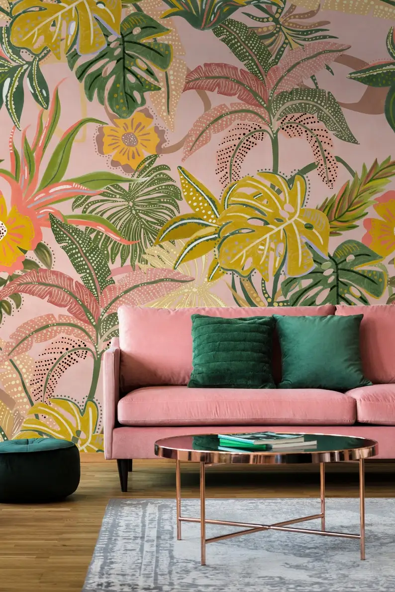 

Pink Tropical Wallpaper Peel and Stick | Colorful Summer Watercolor Exotic Leaf Wall Mural | Pastel Color Leaves Wallpaper