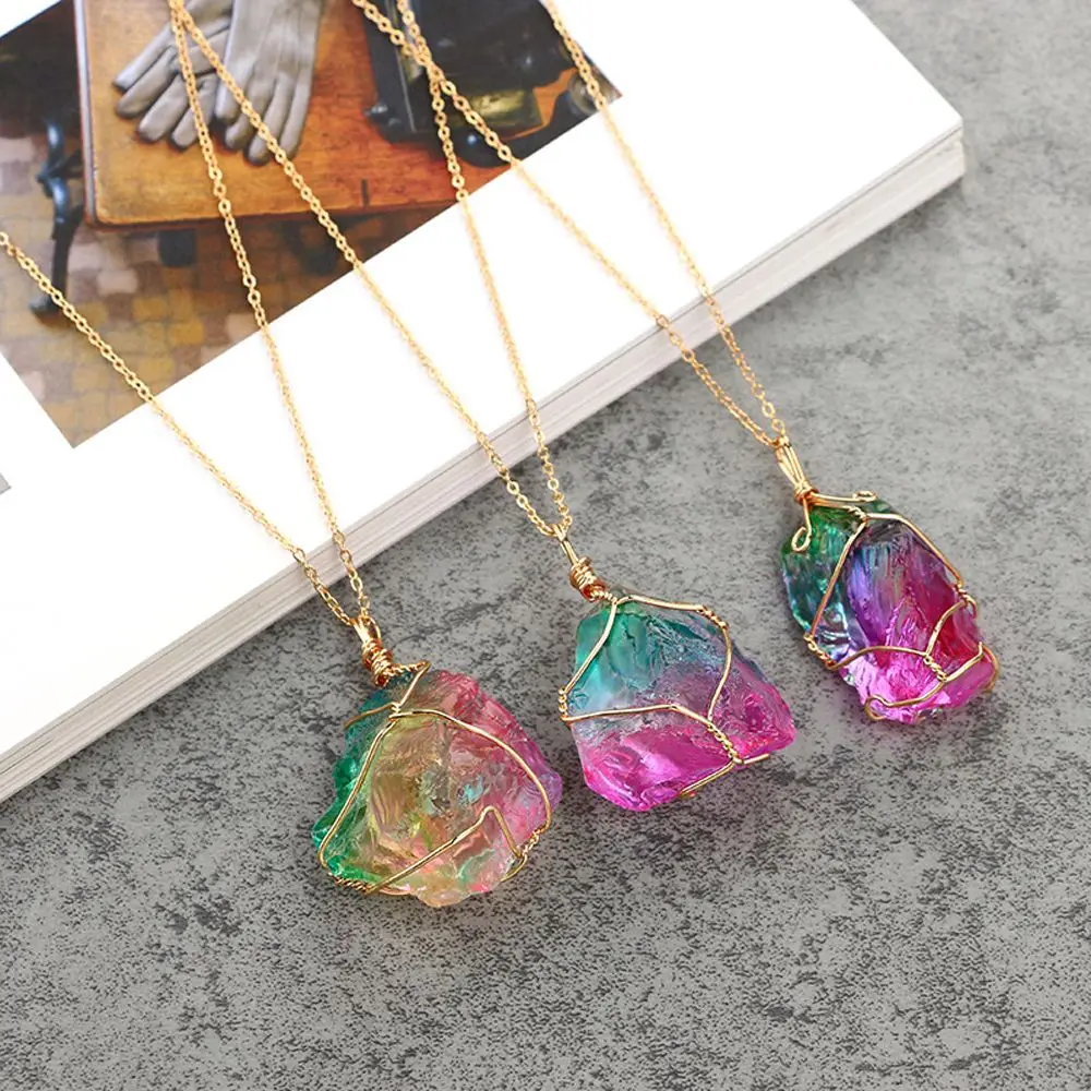 

Rainbow Stone Natural Crystal Chakra Rock Necklace Gold Plated Quartz Pendant