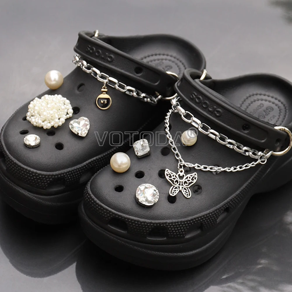 Fashion Pearl Flowers Charm Croc Shoes Accessories Bling Rhinestone Metal Chain Shoe Decoration Summer Garden Shoes Buckle Set