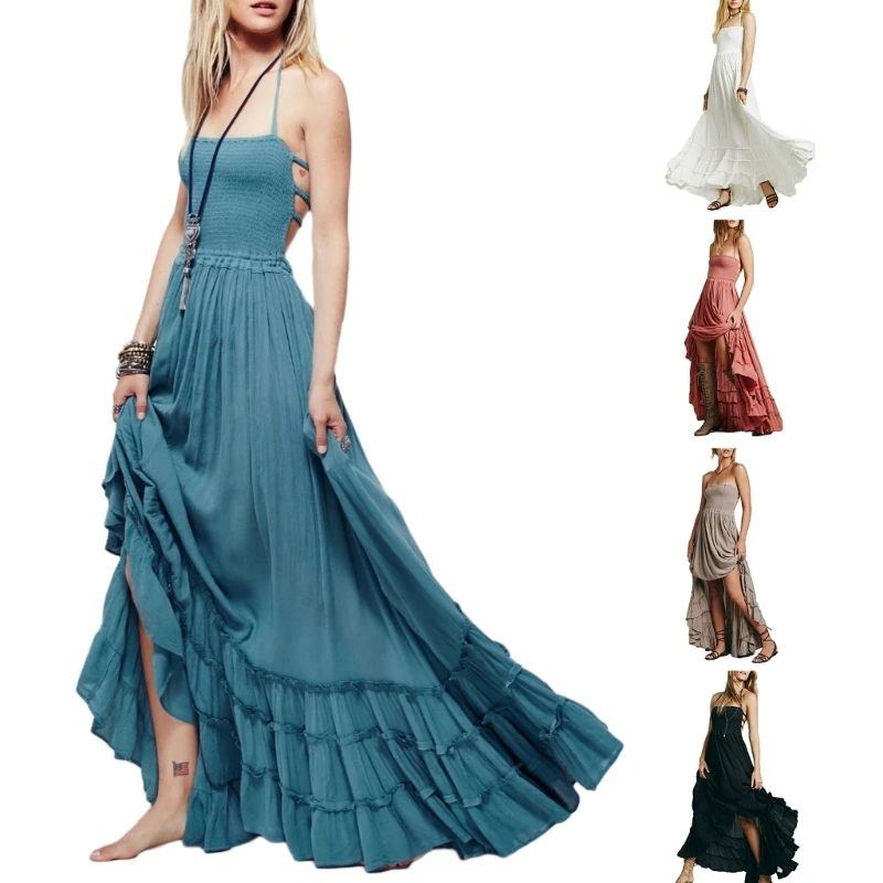 

Summer Maxi Dress for Womens Smocked Waist Dress for Vacation Tiered Long Dress Vestidos