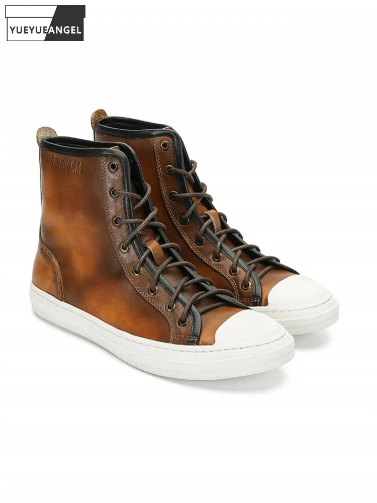 

Vintage Round Toe High Top Shoes Mens Genuine Leather Work Cargo Shoes Lace Up Flat Platform Motorcycle Boots Men Casual Shoes