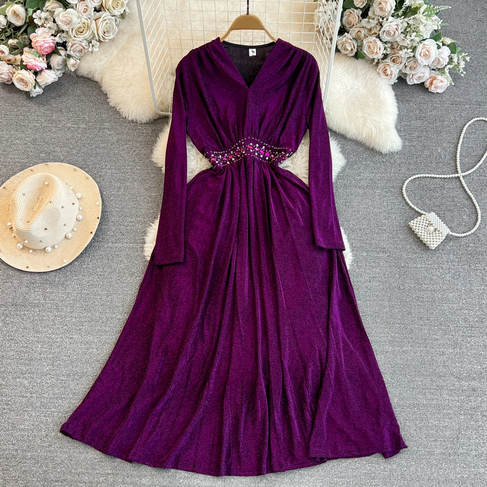 

Clothland Women Elegant Beading Sequined Dress V Neck Long Sleeve High Waist One Piece Shining Midi Dresses Vestido QD036