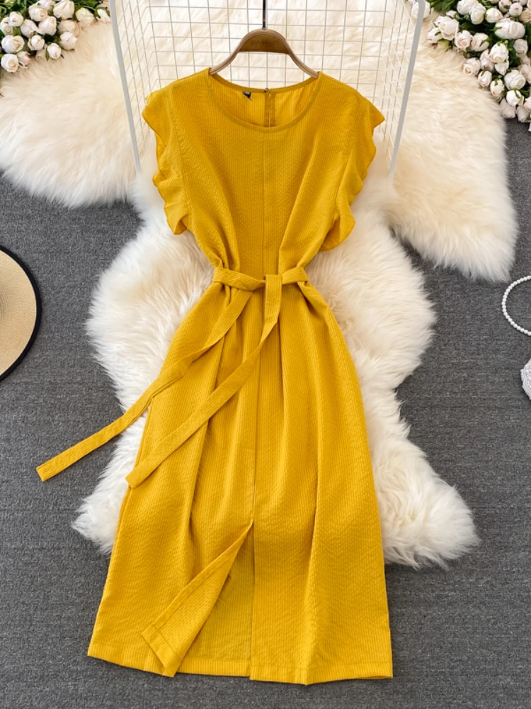 

Платье-миди женское однотонное с круглым вырезом и рукавами-оборками