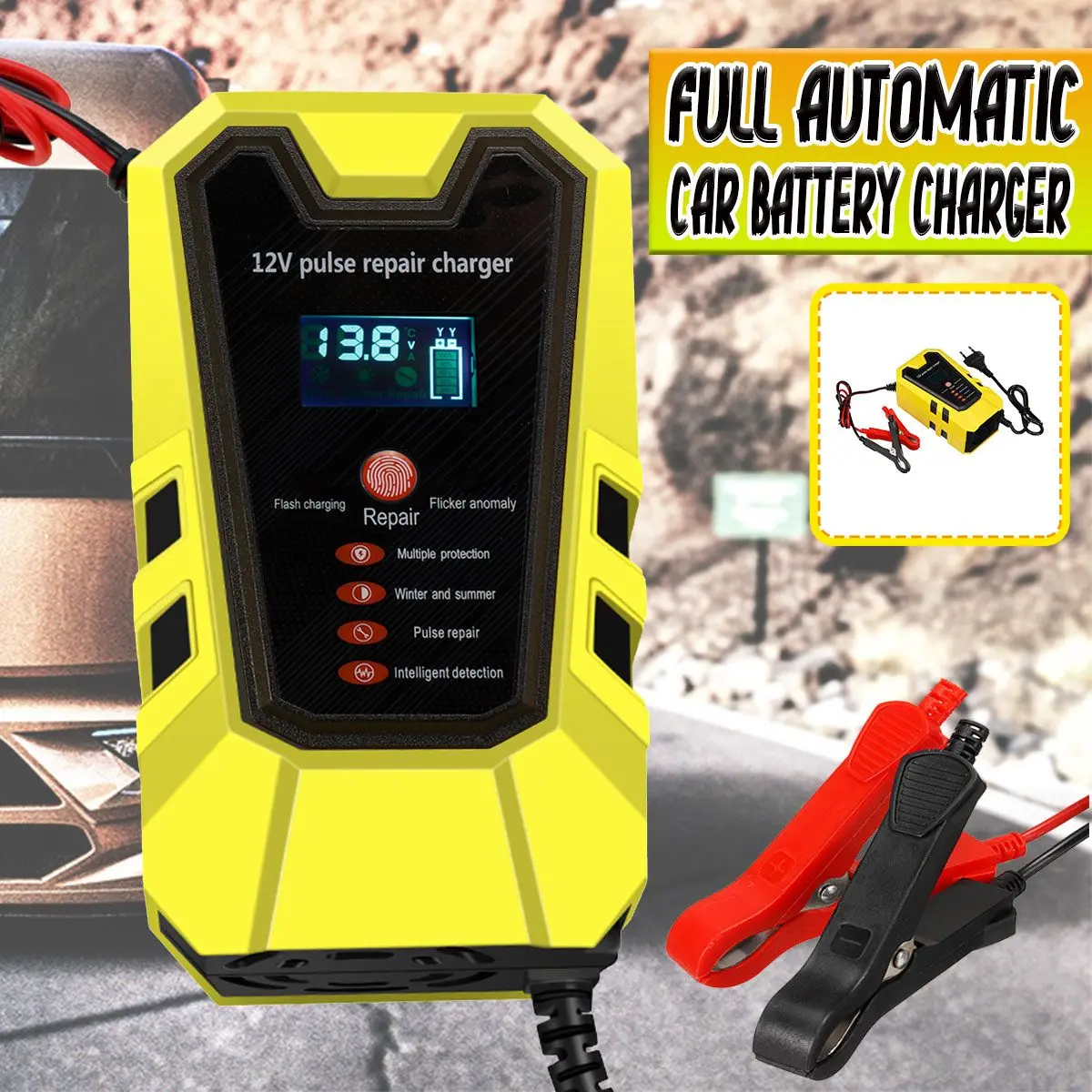 12V 6A LCD Smart Fast Car Battery Charger AC 110V-230V for Auto Motorcycle Batteries Intelligent Pulse Repair Battery Charging