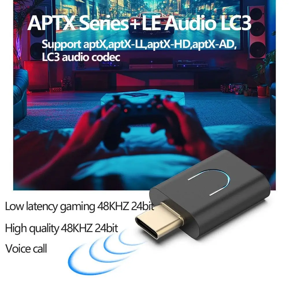 Фото Аудиопередатчик Auracast Bluetooth 5.4 с поддержкой aptX-LL/HD, низкой задержкой, беспроводной стереоадаптер Type-C, передатчик аудио LC3 LE №4