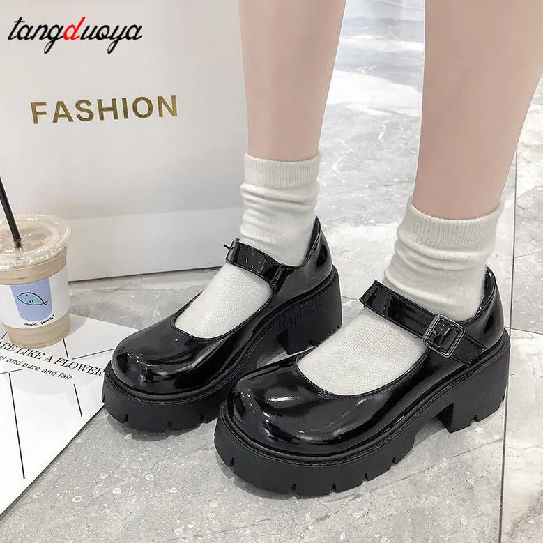 

Mary Jane Ladies Autumn Japanese Style Lolita Shoes Vintage Soft High Heel Platform Leather College Student White Black Women's
