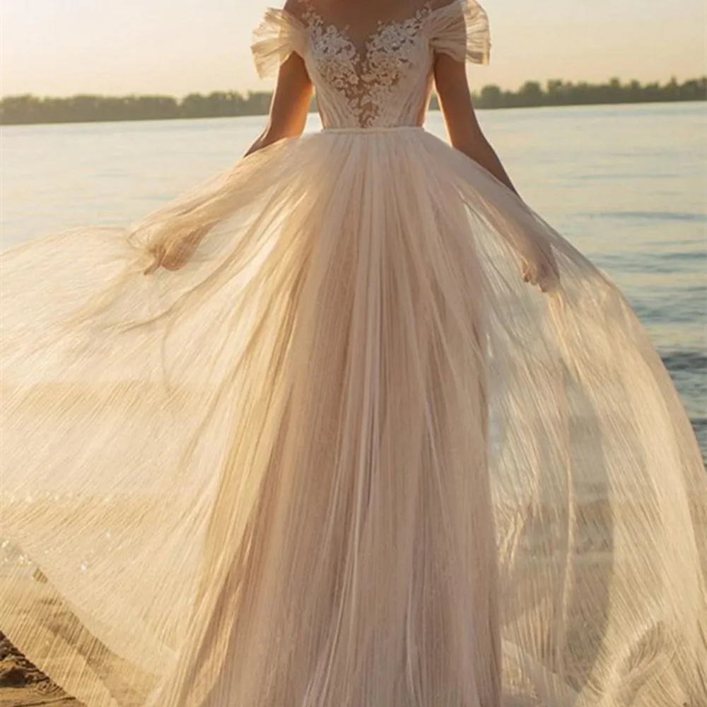 

Beach A Line Princess Wedding Dress Appliques Pearls Cap Sleeve Sweetheart Illusion Bridal Gowns Sweep Train Robe De Mariée